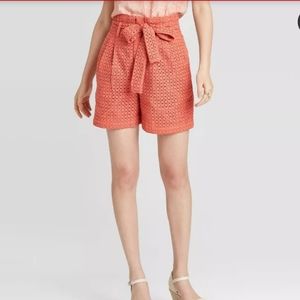 Coral eyelet high rise paperbag shorts a new day